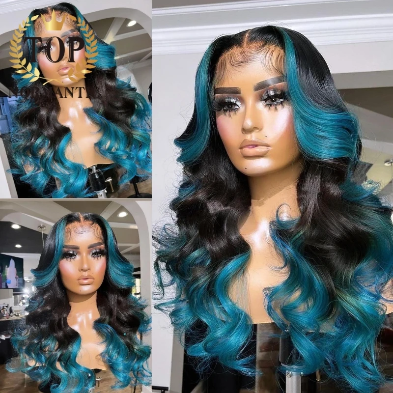 Topnormantic Highlight Blue Colored 13x6 Lace Front Wigs For Women Brazilian Remy Human Hair Wavy Wig Preplucked 180 Density