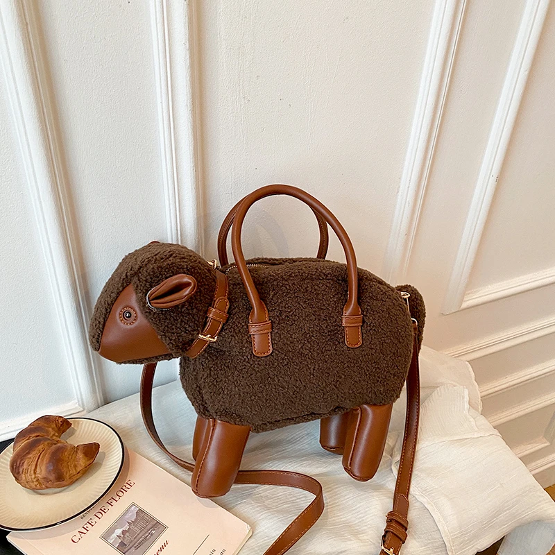 Hot Sale Unique Sheep Shape Plush Bag Ladies Soft Fluffy Handbags Detachable Strap Purse Fashion Cartoon Animal Shoulder Bags