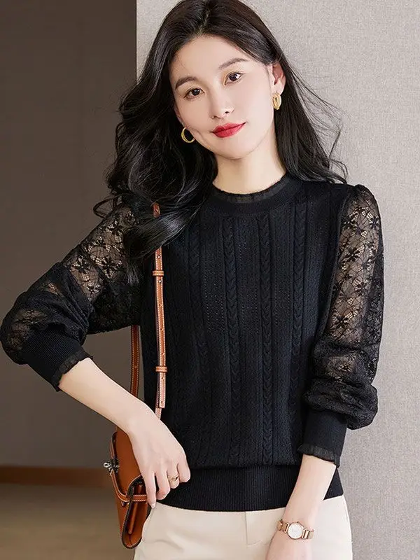 

Новая весенняя женская кружевная трикотажная рубашка с рукавами-фонариками и крючками в виде цветов, тонкое издание, воротник с ушками, короткое издание, нижний верх