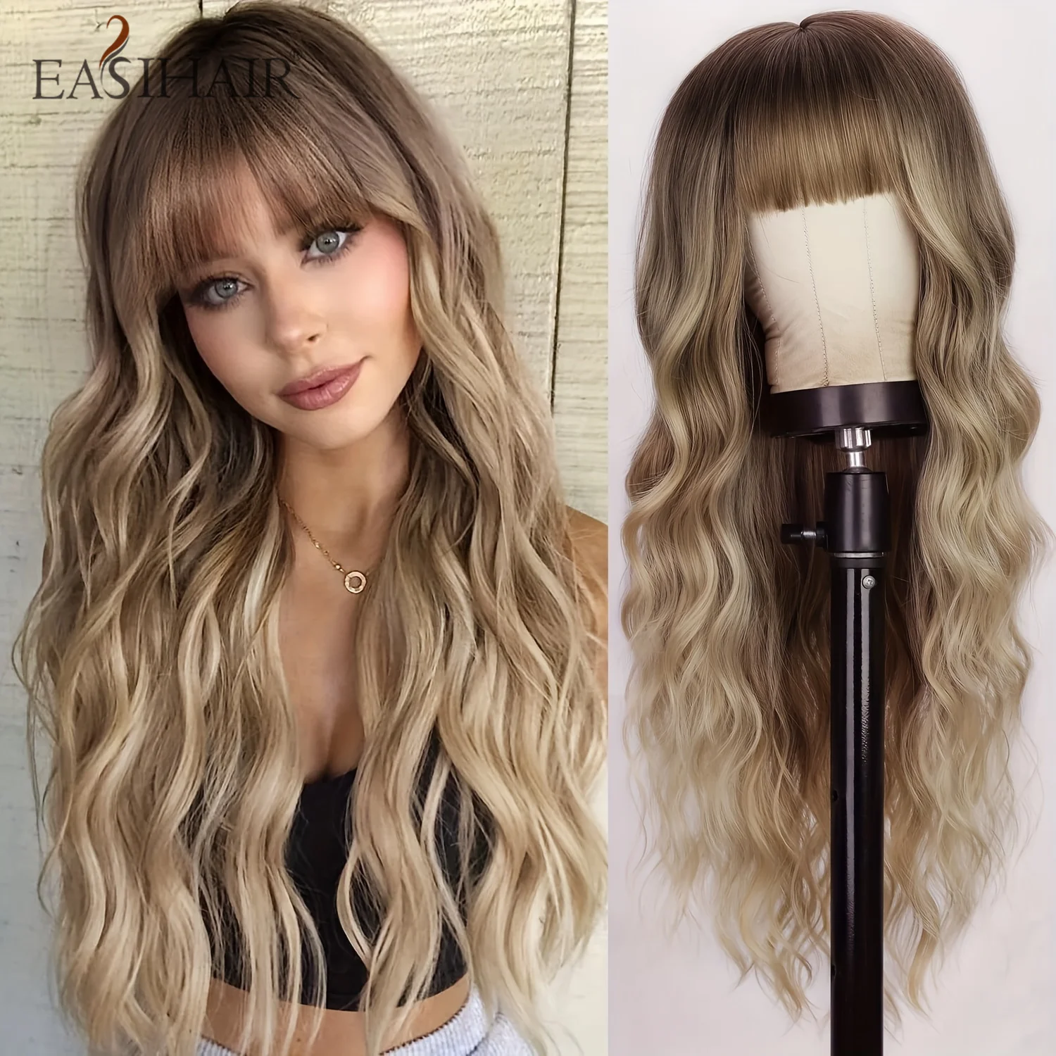 EASIHAIR Ombre Blonde Brown Synthetic Wig Long Curly Wavy Wigs with Bangs for Women Afro Heat Resistant Cosplay Daily Hair Wig