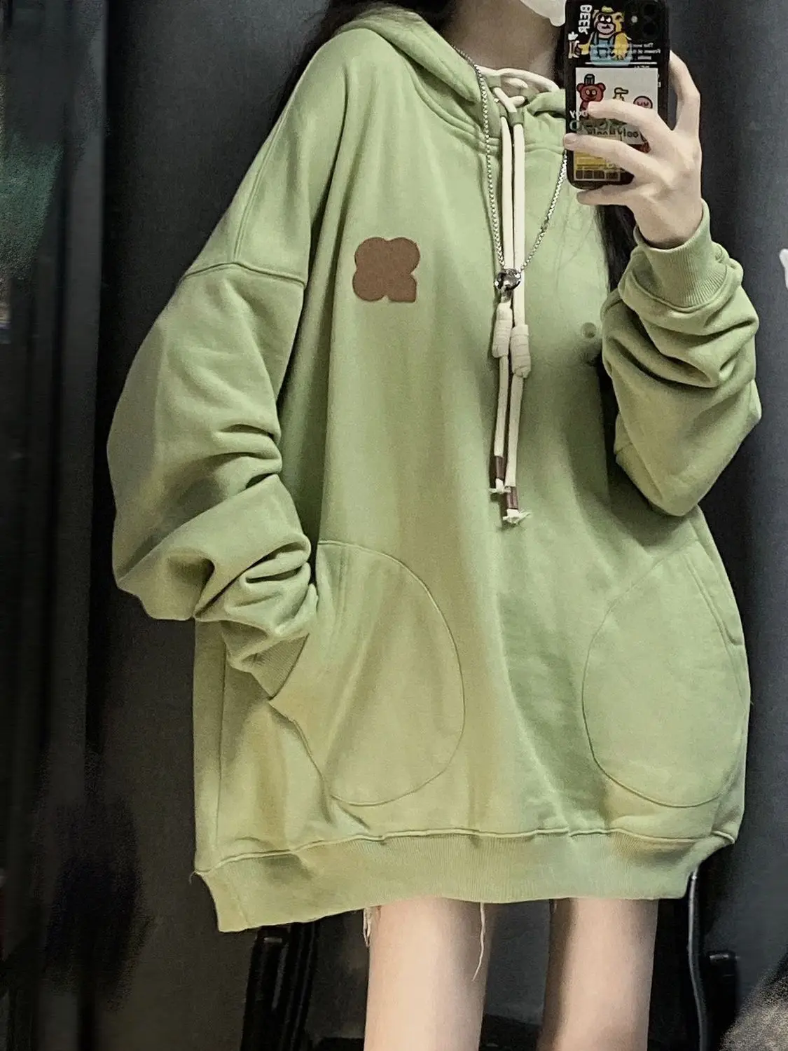 2024 New Green Hooded Hoodie Women\'s Ins American Retro Loose Versatile Oversize Student Coat Trendy Women\'s Clothing