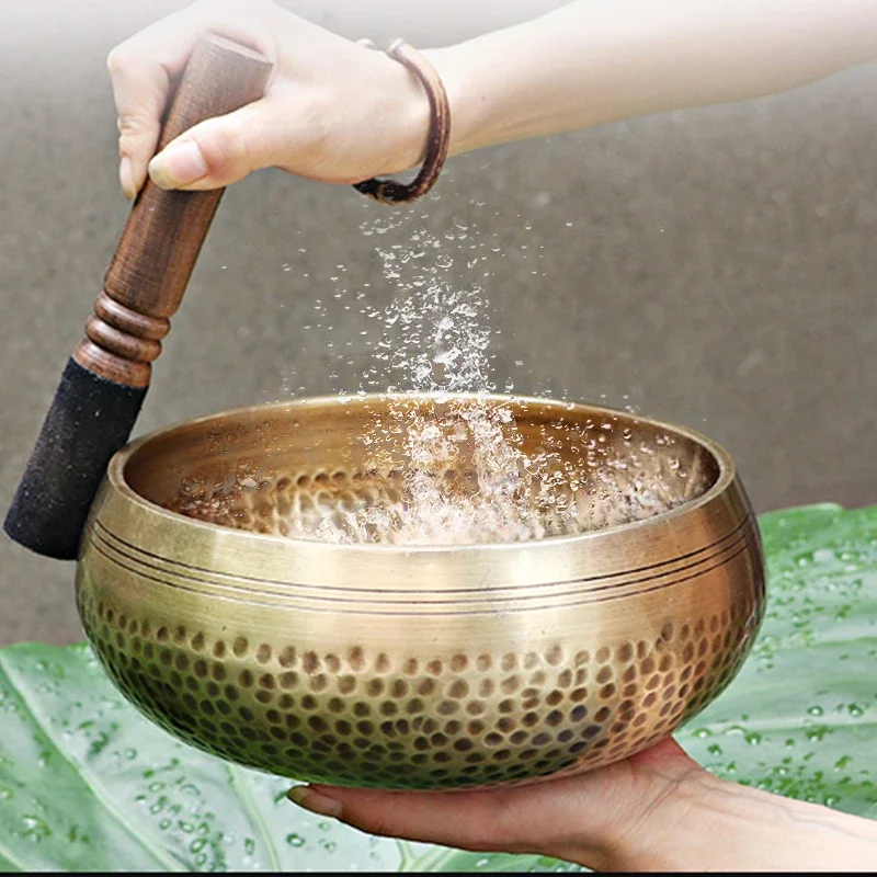 Nepal Handmade Tibet Buddha Sound Bowl with Leather Stick Yoga Meditation Chanting Brass Chime Handicraft Tibetan Singing Bowl