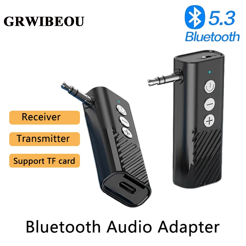 GRWIBEOU 3 in 1 무선 리시버 송신기, 블루투스 5.3 지지대 TF 카드 변속기, 3.5mm 금속, TV 헤드폰, 자동차