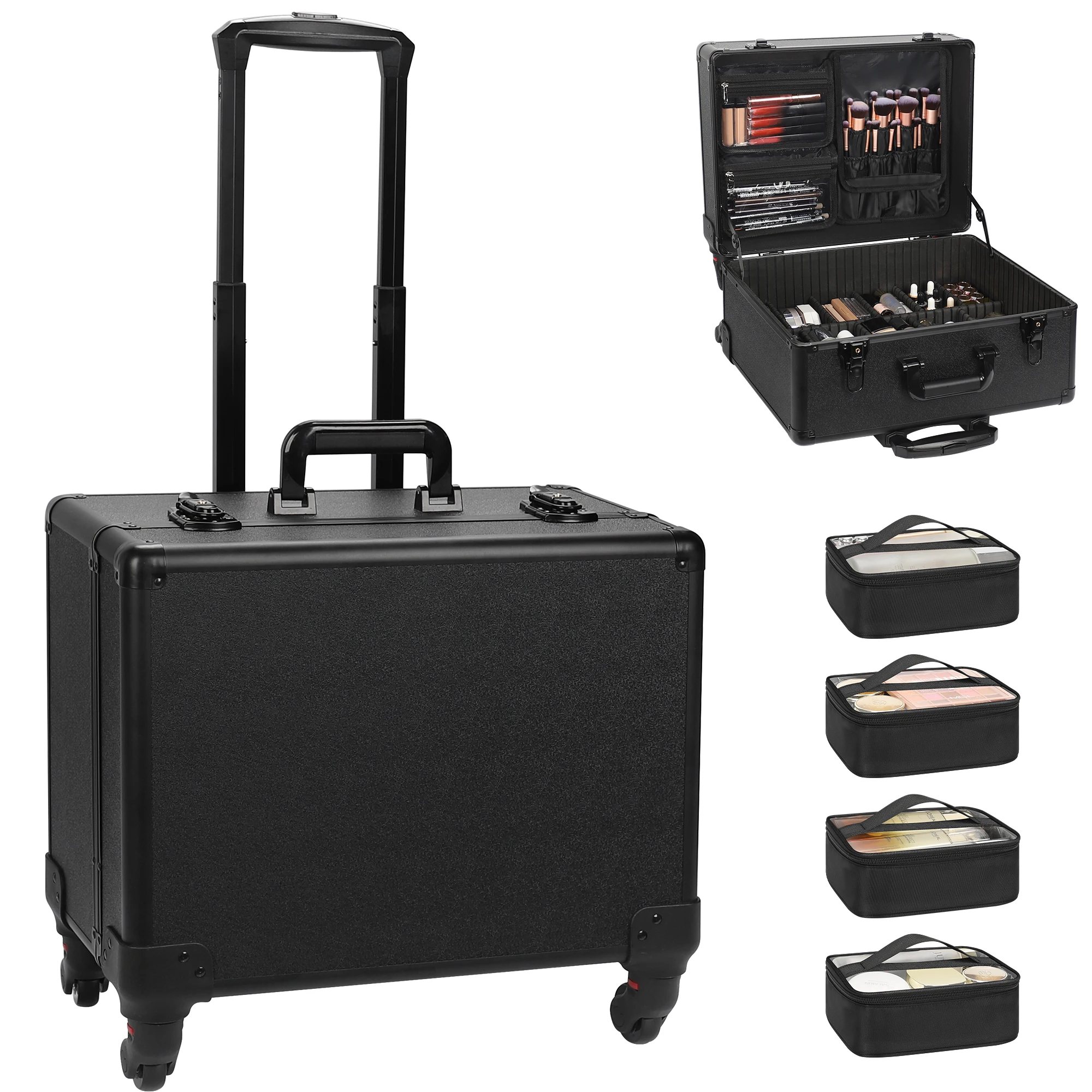 Rolling Makeup Case Makeup Trolley with 6 Removable Pouches Makeup Suitcase with Wheels Rolling Cosmetic Train Case