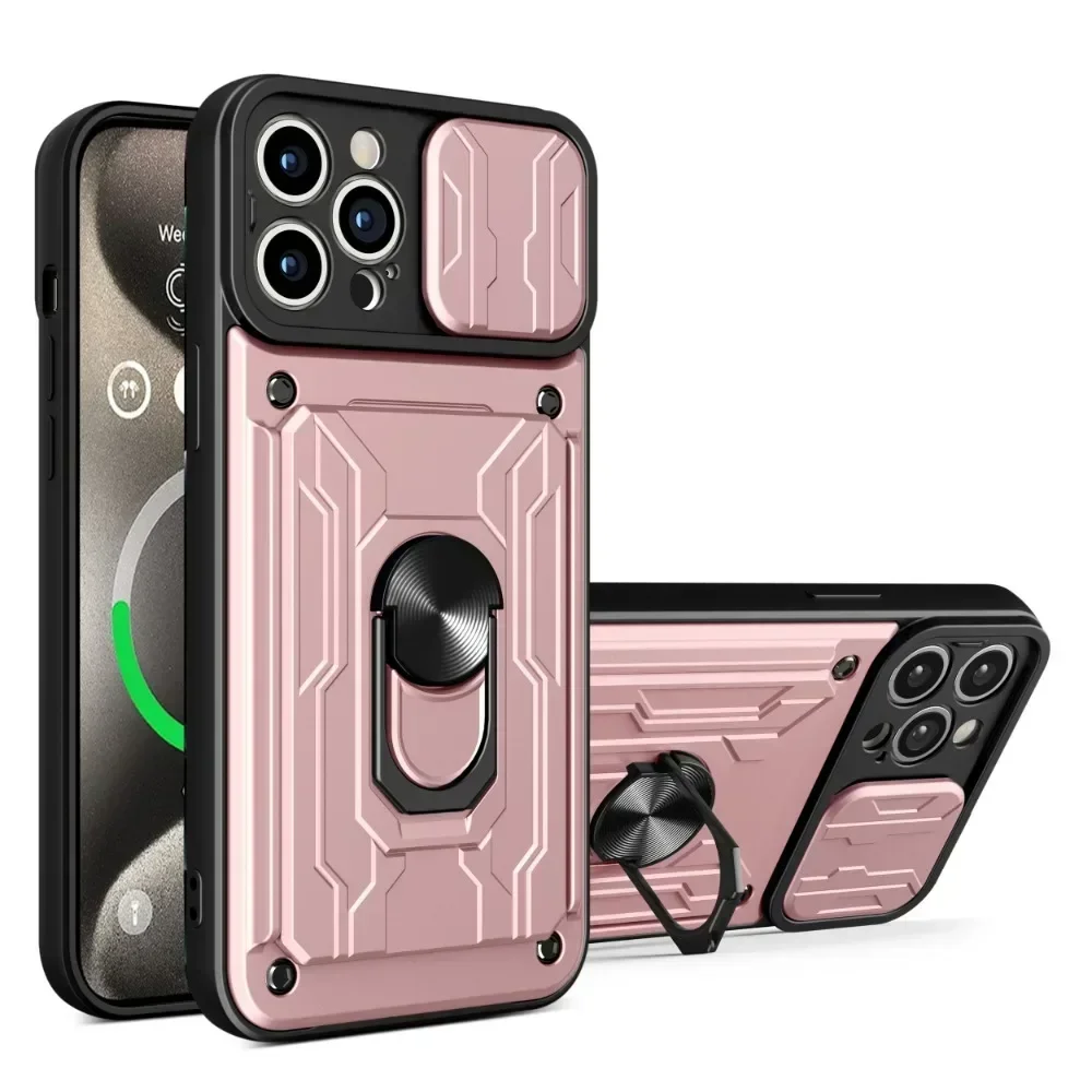 Fall Für iPhone 17 16 15 14 13 12 11 Pro Max XR XS Plus SE Rutsche Kamera Karte Slot Militär grade Ring 360 Magnetische Zurück Abdeckung