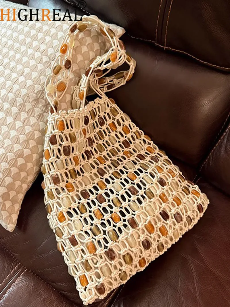 

Ladies Summer Beaded Woven Bag Bucket Bag Phone Purse Handmade Hollow Out Cotton Rope Crochet Bag Handbag For Girls