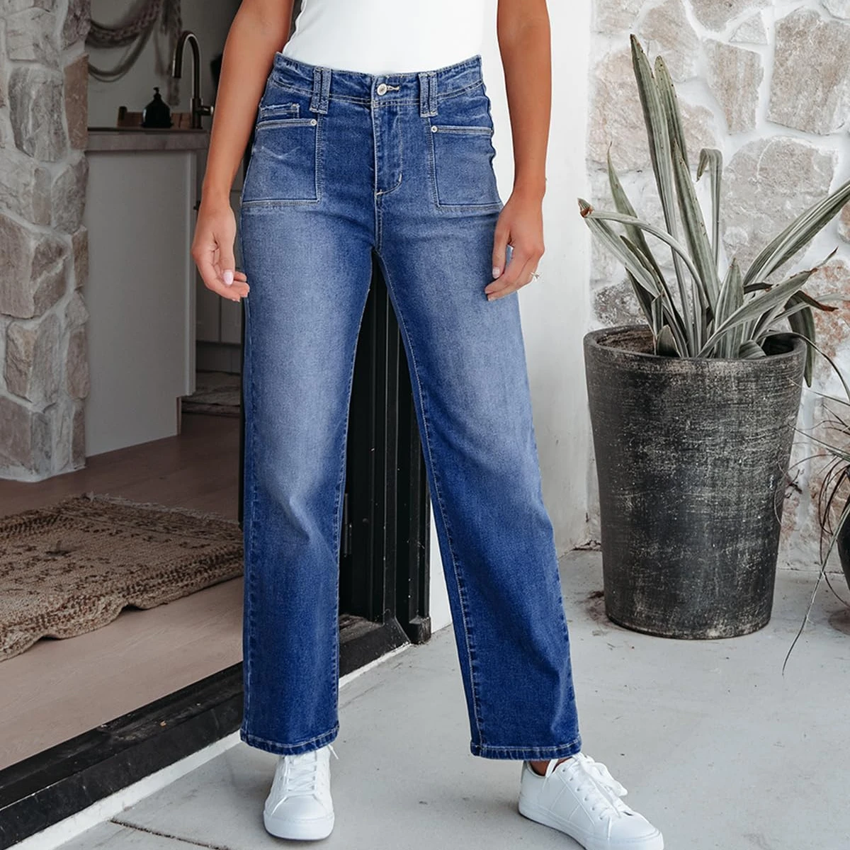 Y2Kファッション レディース ヴィンテージ風 ウォッシュド ストレッチ スリムフィット デニムパンツ ハイウエスト ファッション トレンド カジュアル トラウザーズ