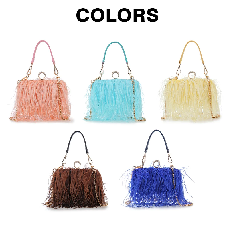 Luxury Ostrich Feather Party Evening Clutch Bag Women Wedding Purses and Handbags Small Shoulder Chain Bag Designer Bag 16 Color