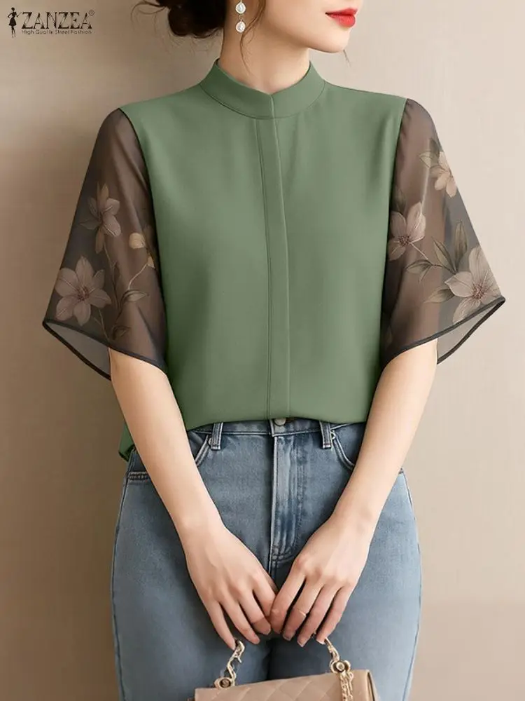 ZANZEA-Blusas elegantes para mujer, camisas de manga corta con cuello levantado y retales de gasa Floral a la moda, ropa para mujer S-3XL 2026