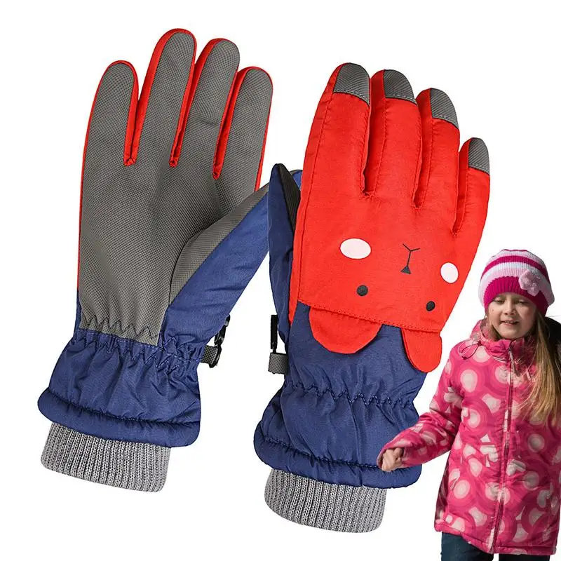 Snow Gloves For Kids Cartoon Bear Fleece Winter Gloves Thick Insulated Windproof Anti Slip Kids Waterproof Gloves For Riding