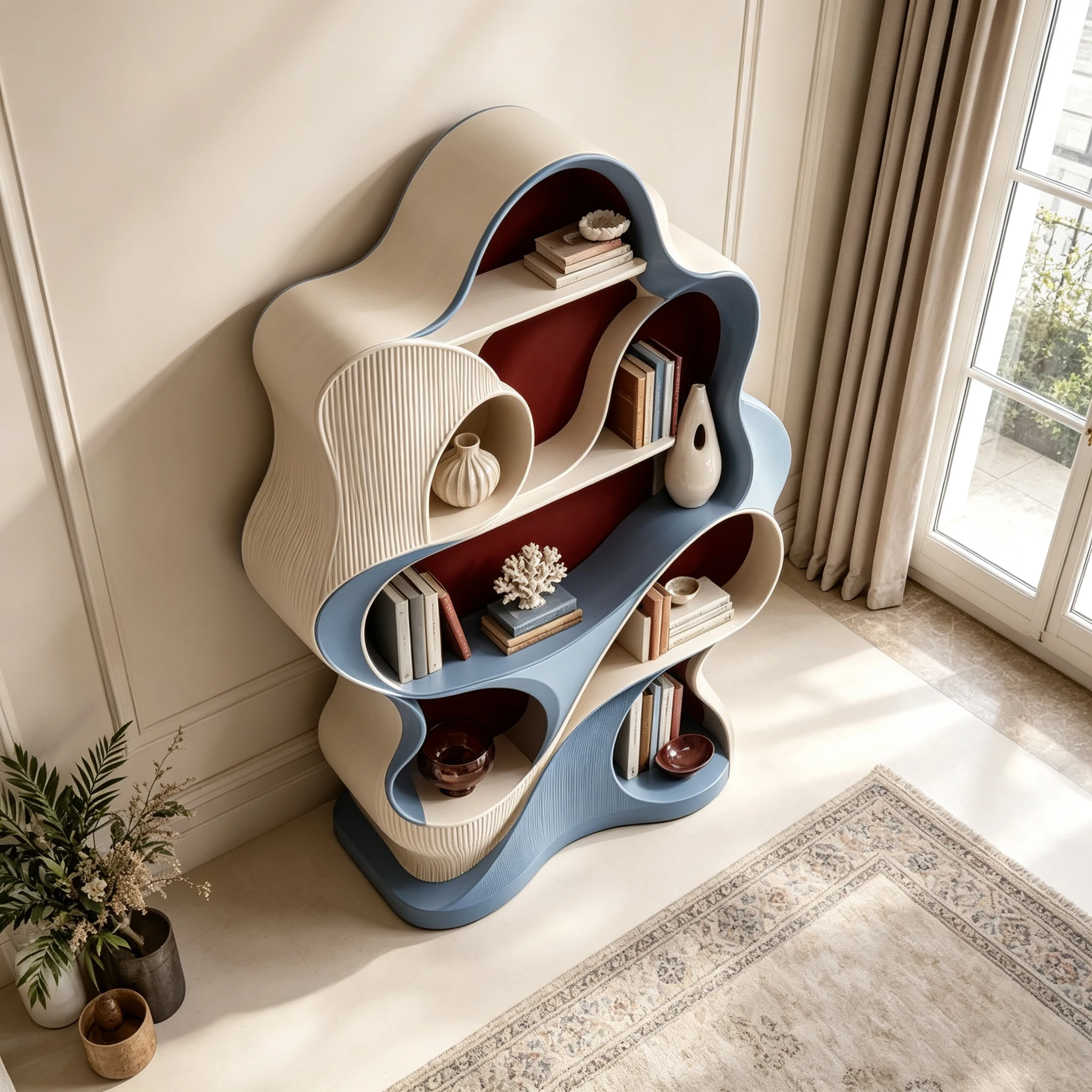 Multi-layer hollow sculptural fiberglass bookcase with streamlined asymmetrical shape