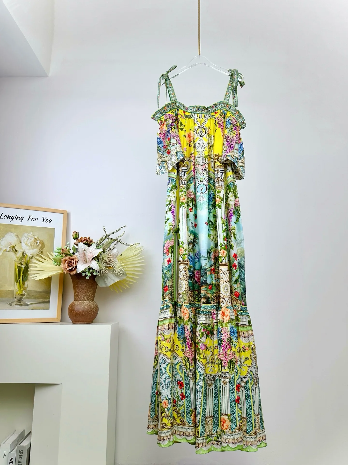 

100% Real Silk Floral Scenic Building Print Off Shoulder Long Dress Women Tie Shoulder Strap Ruffle Hem Resort Dress Vestidos