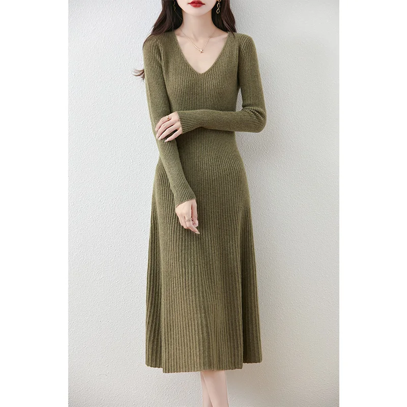 2024 Autunmn And Winter 100% Wool Knitted V-neck Dresses Hot Sale Sweaters Women Soft High Quality Ladies Jumpers Clothes