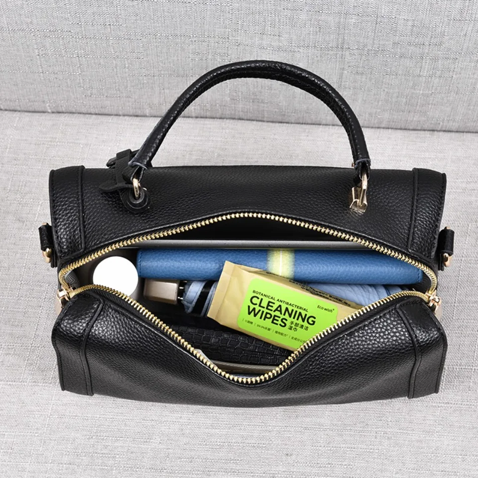 100% Genuine Cowhide  Leather Shoulder Bag For Women Large Capacity Luxury Ladies Solid Color Messenger Handle Commuter Tote Sac