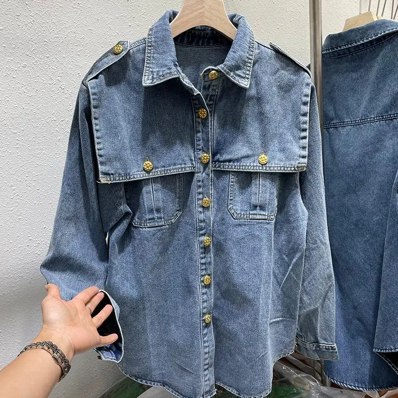 Denim Shirt Women\'s 2022 Spring New Korean Fashion Button Versatile Top Trend