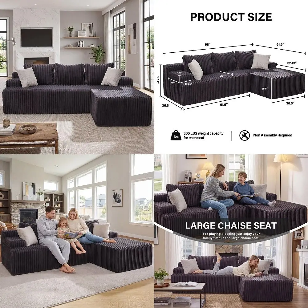 

Sectional LShape Cloud Seating with Memory Foam, Convertible 3Seat Living Room Furniture, Oversized Chaise Lounge, Washable Cov