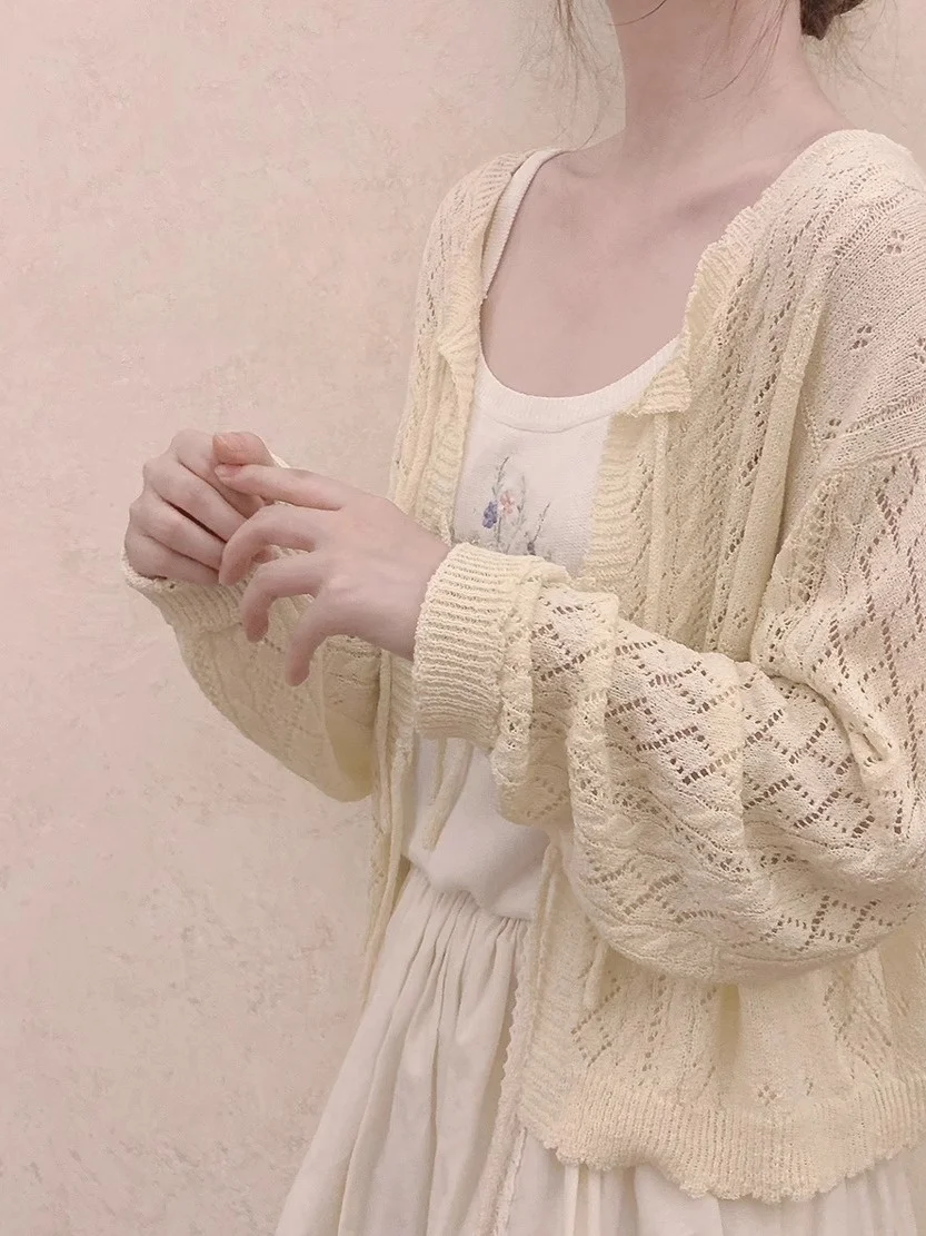 

Retro Hollow Knot Tie Women's Knitted Open Cardigan Thin Spring Autumn New Sle Loose Outerwear Top Simple Sle Long Sve