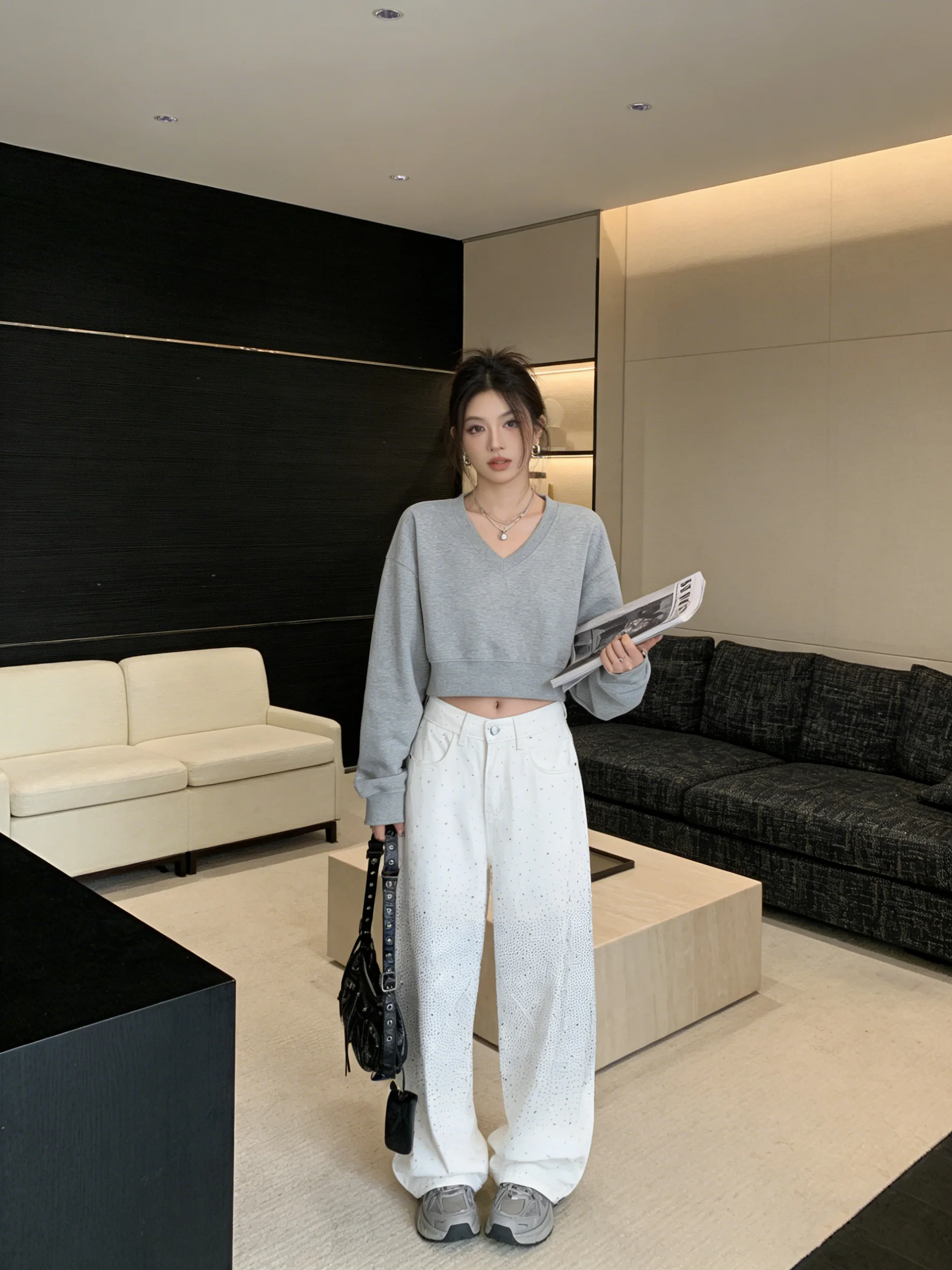 

Korean Sle Glitter Star High Waist Wide Leg Jeans Soft Denim Casual Loose Fit Floor Length Knife Faionable