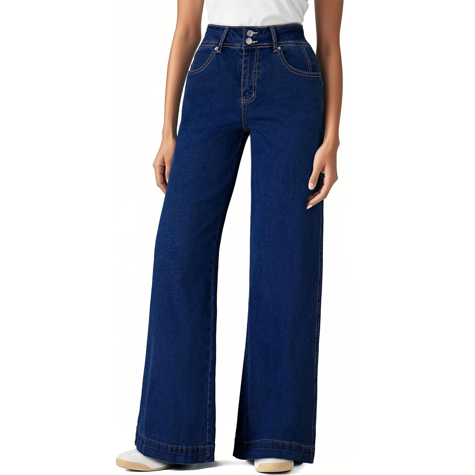 Damskie popularne spodnie jeansowe o prostym kroju, proste, jednokolorowe, z guzikami, wygodne, oddychające, eleganckie spodnie damskie.