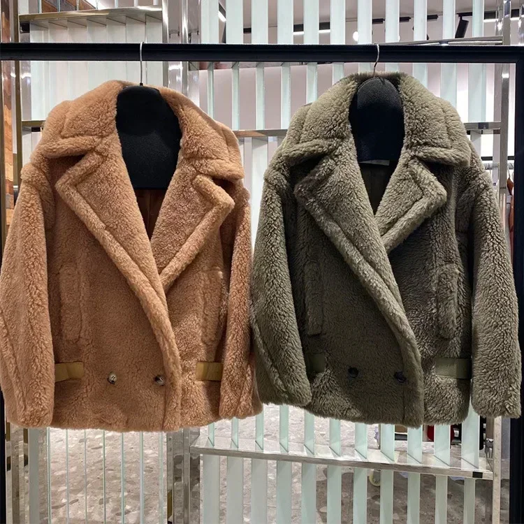 Abrigo de invierno para mujer, abrigo corto de felpa de peluche, abrigo de lana de camello 88% de alta calidad, chaqueta cálida de lana granulada