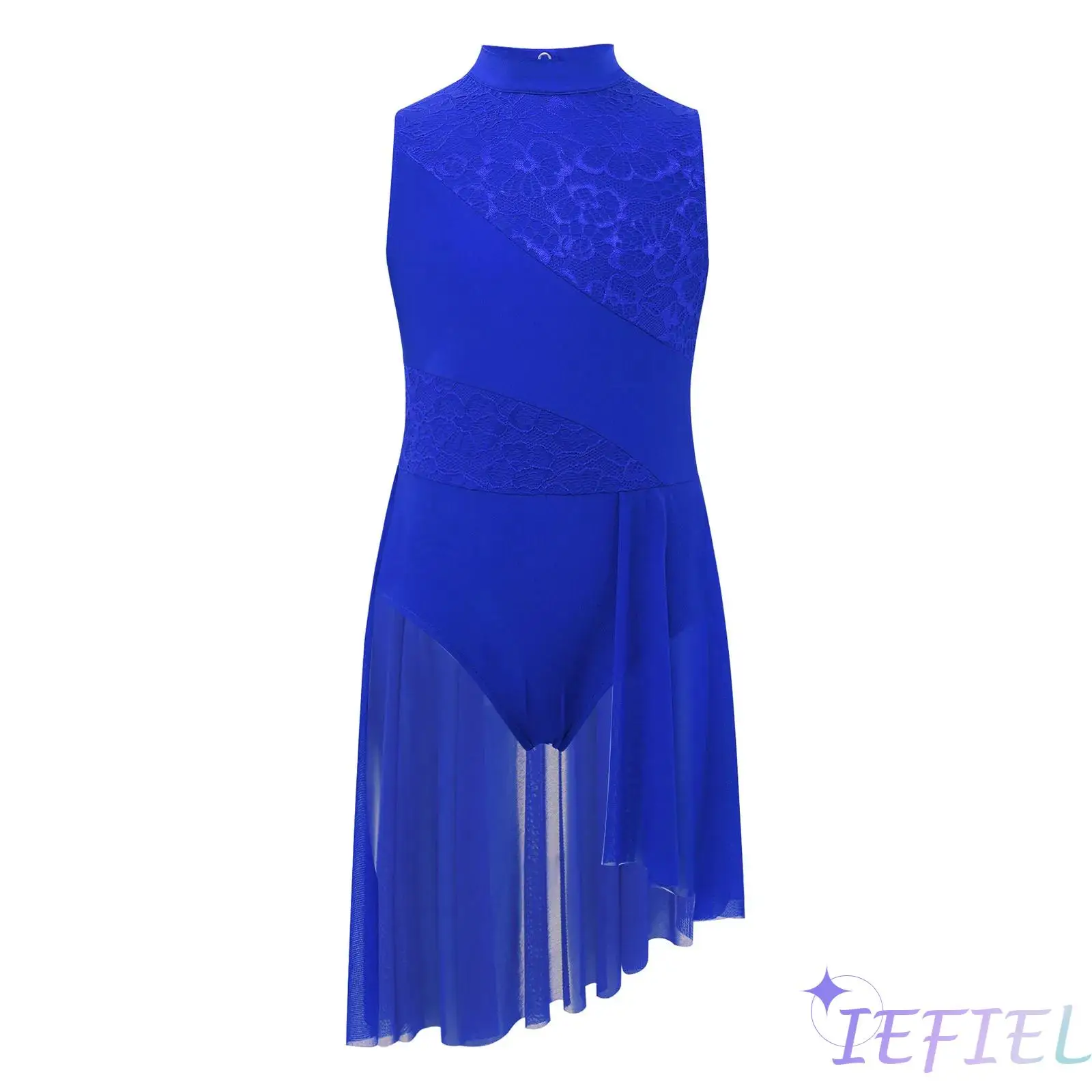 

Girls Ballet Dance Costume Mock Neck Sleeveless Floral Lace Patchwork Asymmetrical Hem Leotard Dress Lyrical Modern Dancewear