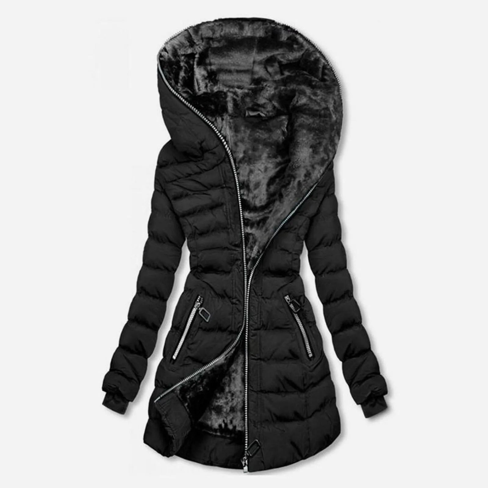 Women's Hooded Long Sleeve Warm Fleece-lined Cotton Jacket Medium-length Zipper Up Coat For Winter Female Solid Portable Outwear