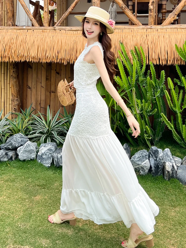 Summer Women 2-Piece White Lace Outfit Sexy O Neck Crop Short Tops Shirt And High Waist Ruffle Maxi Skirt Vacation Slim Set New view 4