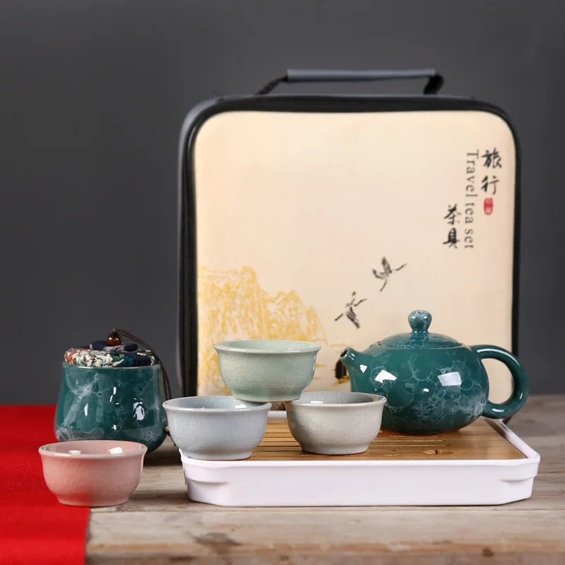 

Simple Portable Travel Ceramic Tea Set 4 Different-Colored Cups with Tea Tray and Tea Canister Customizable Home Business Gift