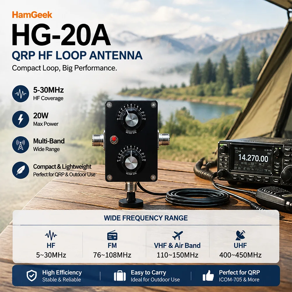 HamGeek HG‑20A QRP HF Loop Antenna 5‑30MHz Multi‑Band Portable Shortwave Antenna for Ham Radio QRP Outdoor Operation