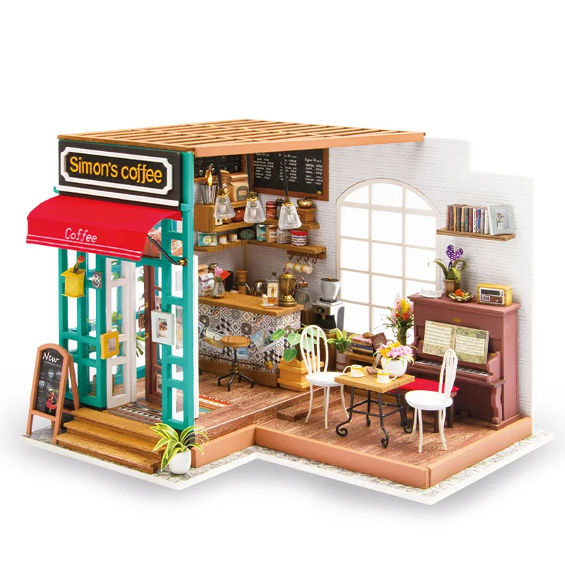 

Robotime Art Dollhouse DIY Miniature House Kits Mini Dollhouse with Furniture Simon's Coffee Toys for Children Girl's Gift DG109