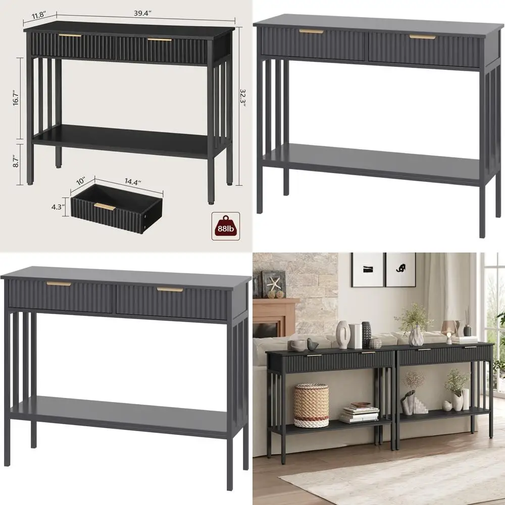 Black 2-Tier Fluted Console Table with Storage Shelf and Drawers for Entryway, Living Room, and Office, CTHB5101