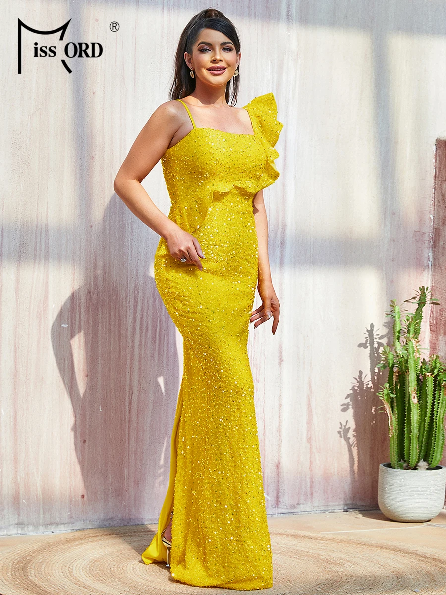 Missord Yellow Sequin Wedding Party Dress Women Elegant One Shoulder Ruffles Bodycon Mermaid Prom Evening Dresses Long Gown