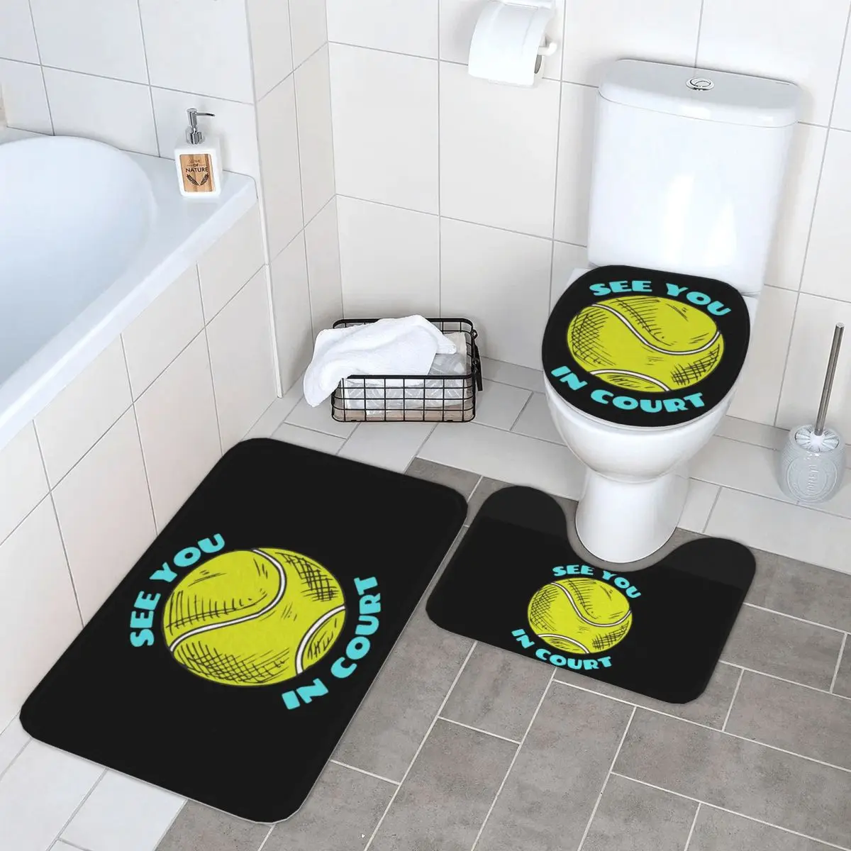 

See You In Court Забавный теннисист 3-х предметный коврик для ванной комнаты Набор для ванной комнаты Крышка унитаза Домашний декор Нескользящий ковер Напольный коврик