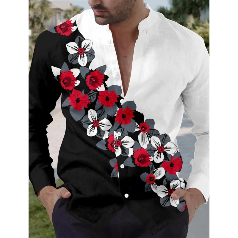 Rose Leopard Pattern Hawaiian Shirts For Men Colorful Flower Leaf 3D Printed Aloha Shirts Casual Loose Long Sleeve Tops Blouses