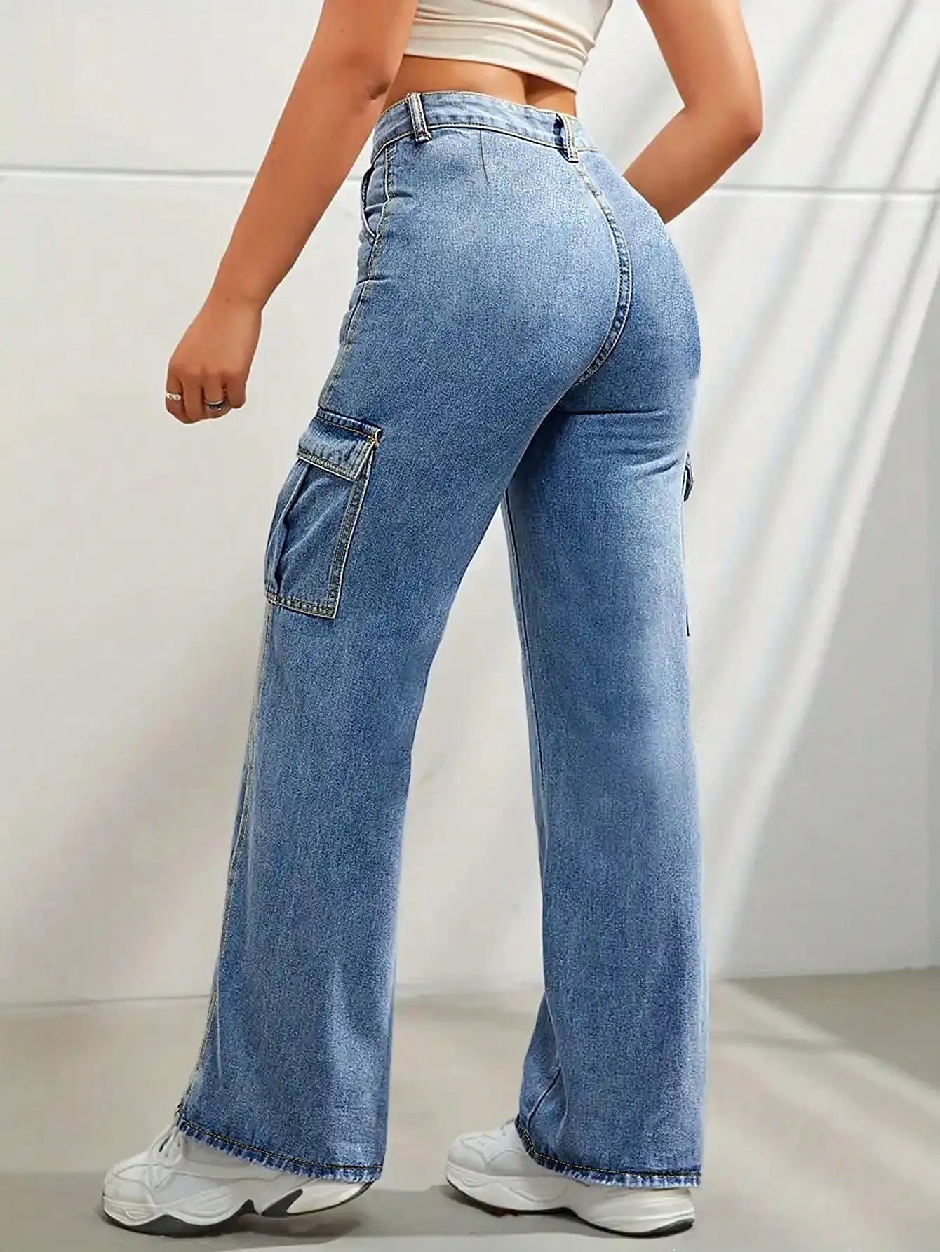 Women's High  Waisted Wide  Leg Cargo Jeans 2025 Trendy Contrast Stitch Button  Front Non  Ripped Denim Fabric Full  Length Pant