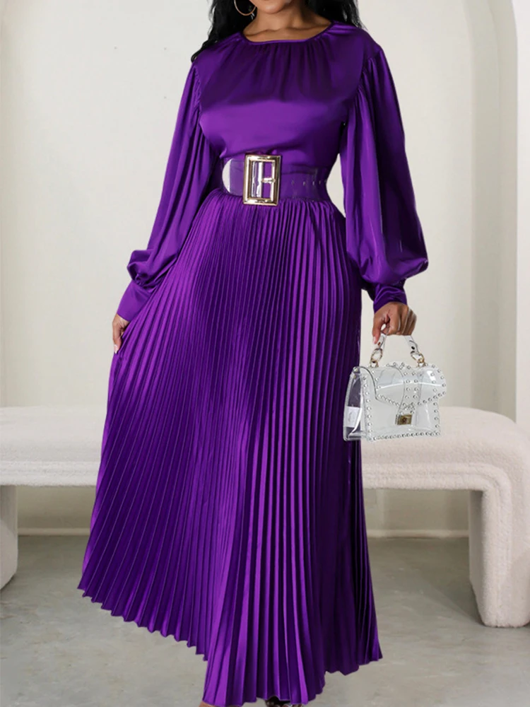 2024 Spring Pleated Loose Maxi Dresses Women Solid Ruched Lantern Full Sleeve Party Gown Elegant Long Dress Ropa de Mujer