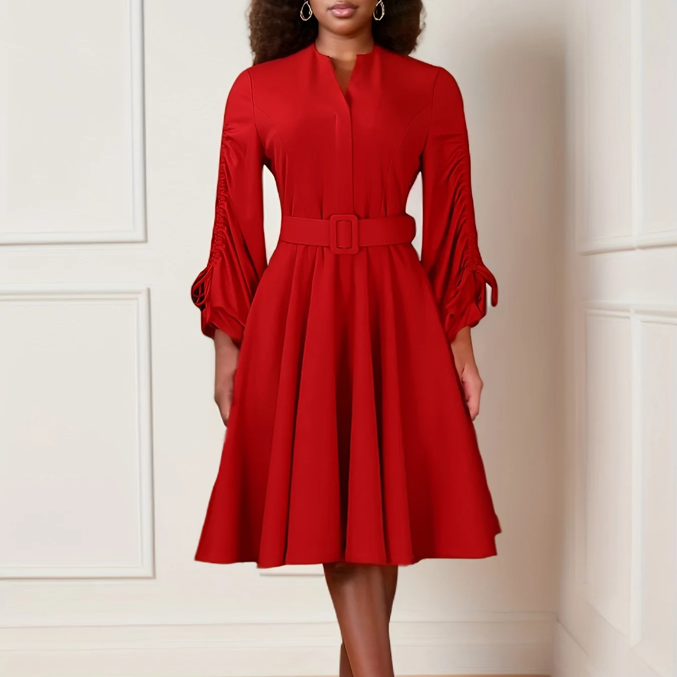 

Women's new fashionable V-neck drawstring pleated large skirt temperament elegant large size African dress temperament simple se