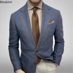 2024 Men's Plaid Blazer Jacket England Style Retro Long Sleeve Business Office Suit Jacket Fashion Simple Outerwear Jacket Male