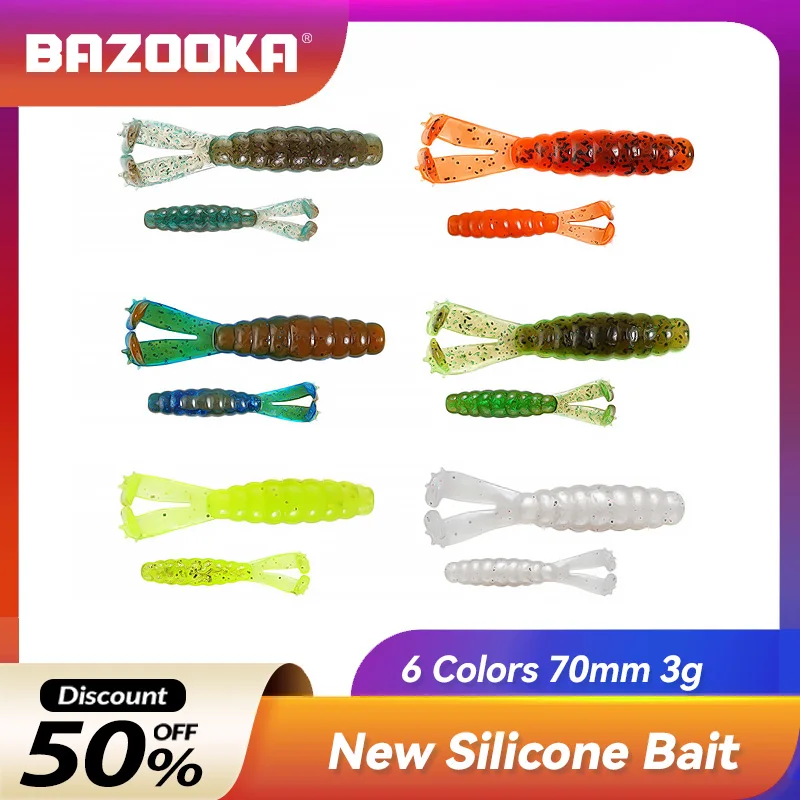 

Bazooka Fishing Lure Worm Soft Silicone Bait 70mm3g DoubleT Tail Jigging Wobblers Shrimp Artificial Bass Plastics Swimbait