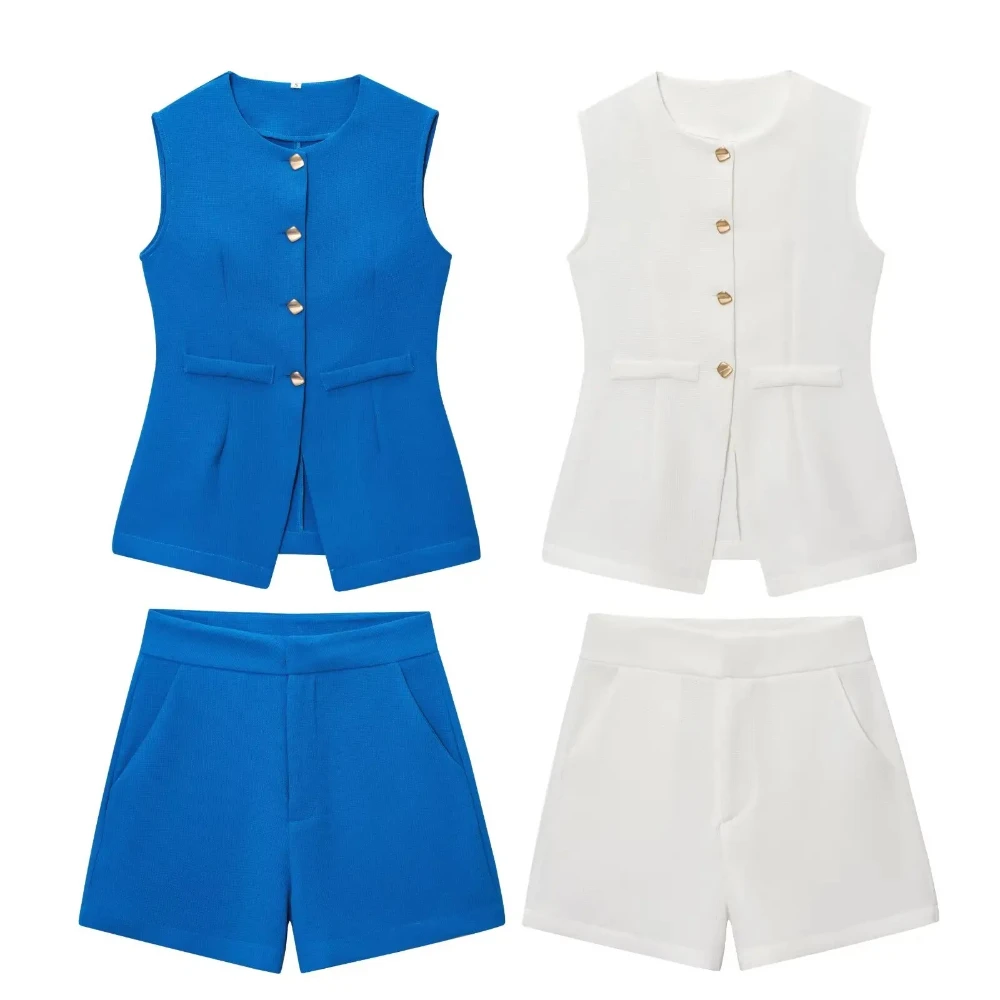 

KONDALA Elegant Commute Shorts Set Women V-Neck Buttons Vest Pocket Shorts 2025 Summer Fall Fashion High Street Holiday Vest Set