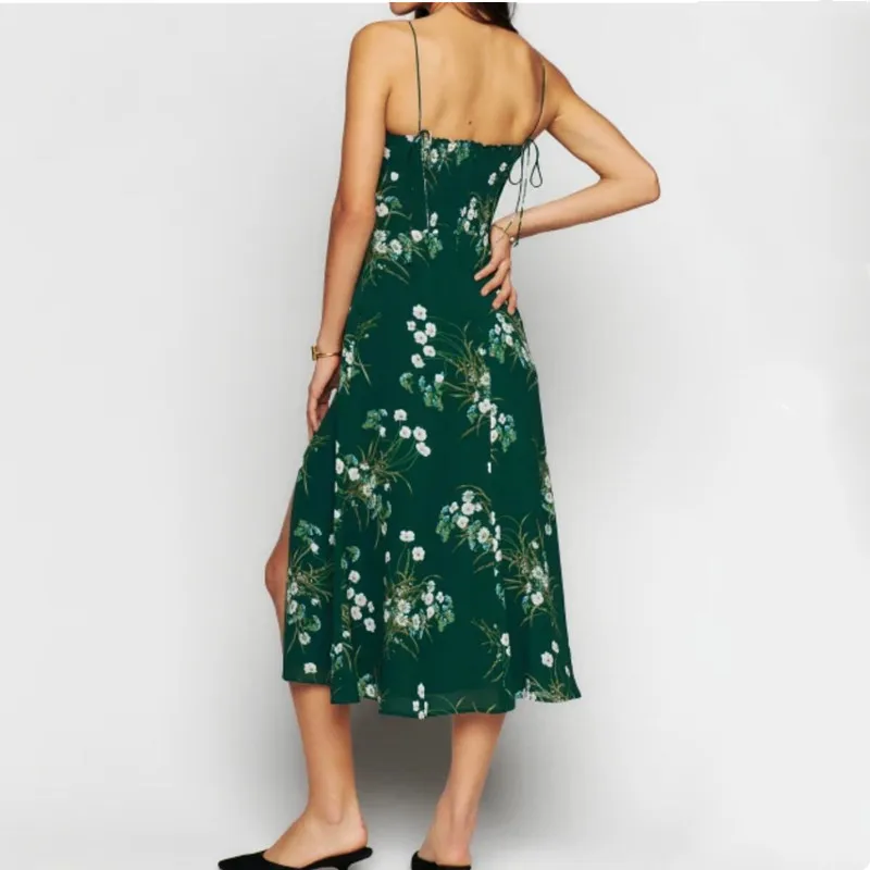 2023 Vrouwen Rijgen Sling Chiffon Gewaad Feest Retro Franse Stijl Groene Bloemenprint Verband Spaghetti Band Zoom Zoom Split Midi Jurk