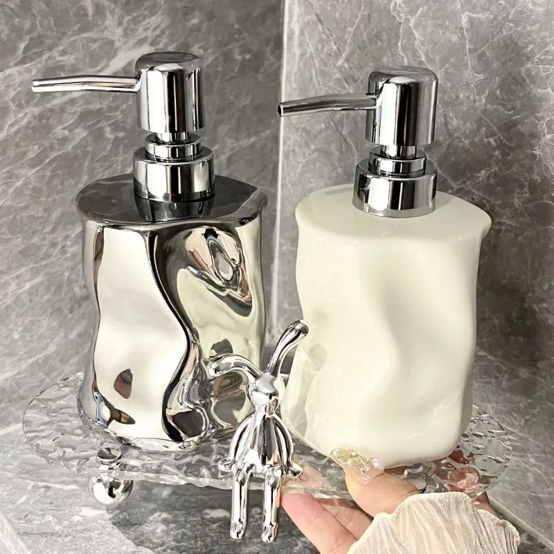 400ml Ceramic Lotion Bottle Bathroom Accessories Home Soap Container White Silver Home Hotel Makeup Remover Shampoo Storage Jar