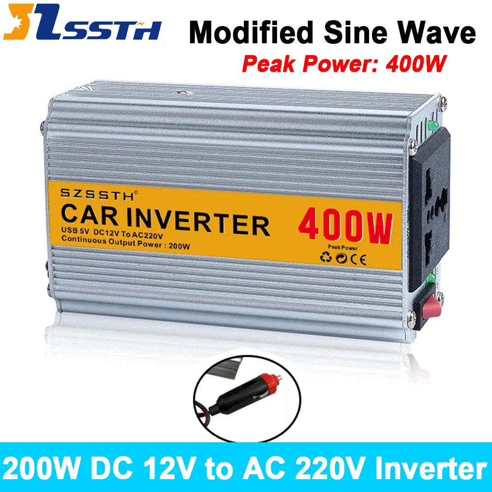 

Автомобильный инвертор 200 Вт, преобразователь напряжения DC 12В в AC 220В 50Гц, адаптер питания для автомобиля, пиковая мощность 400 Вт, инвертор с модифицированной синусоидой