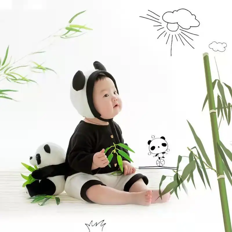 2024New Newborn Baby Photography Clothing Sets Panda Theme Infant Boy Girl Photo Shoot Costumes Hat Romper Doll Outfits Clothes