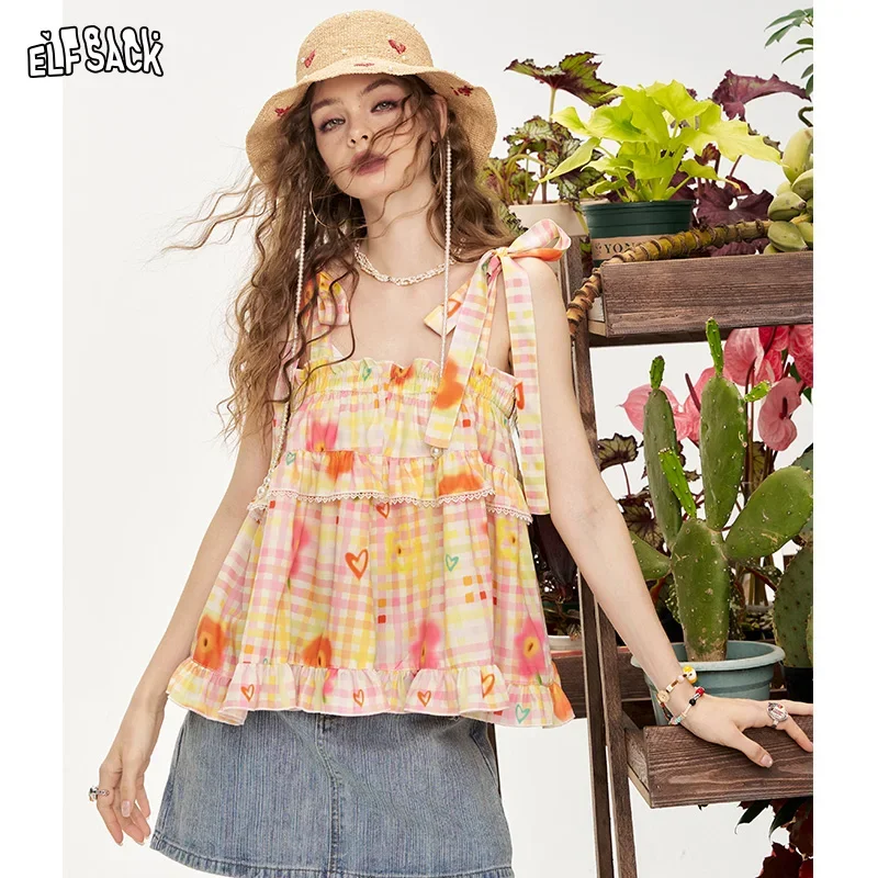 ELFSACK 2025 Summer New Arrivals Y2K Dopamine Lace Up Camisole Vest For Women