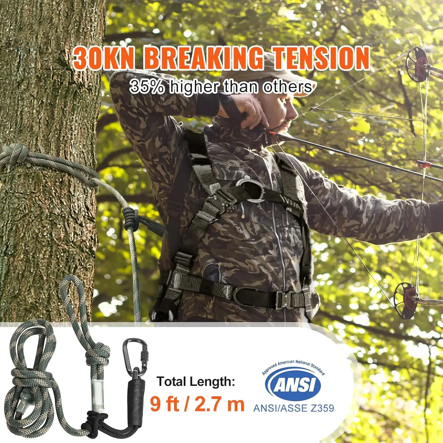 Tree Stand Safety Rope, 9 ft/27.43M Treestand Lifeline Rope 30KN Breaking Tension, 0.6'' Hunting Safety Line with Prusik Knot
