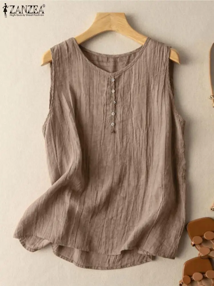 2024 ZANZEA Vintage Summer O Neck Sleeveless Blouse Women Tanks Tops Casual Loose Beach Blusas Solid Holiday Tunic Work Shirt