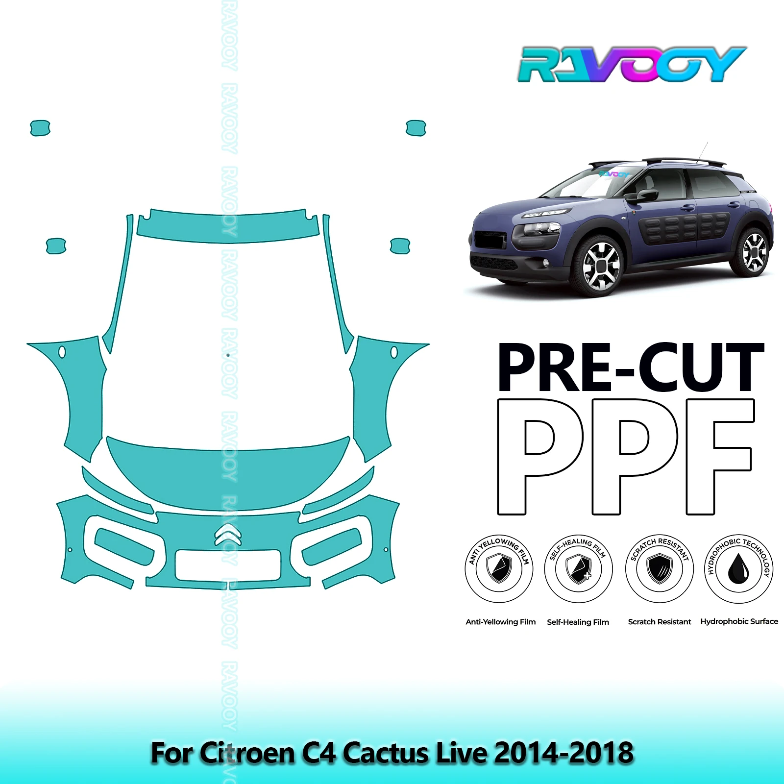 For Citroen C4 Cactus Live 2014-2018 Partial Front 8.5Mil Pre-Cut Paint Protection Film PPF Stone Chip Kit | Clear/Matte/Black