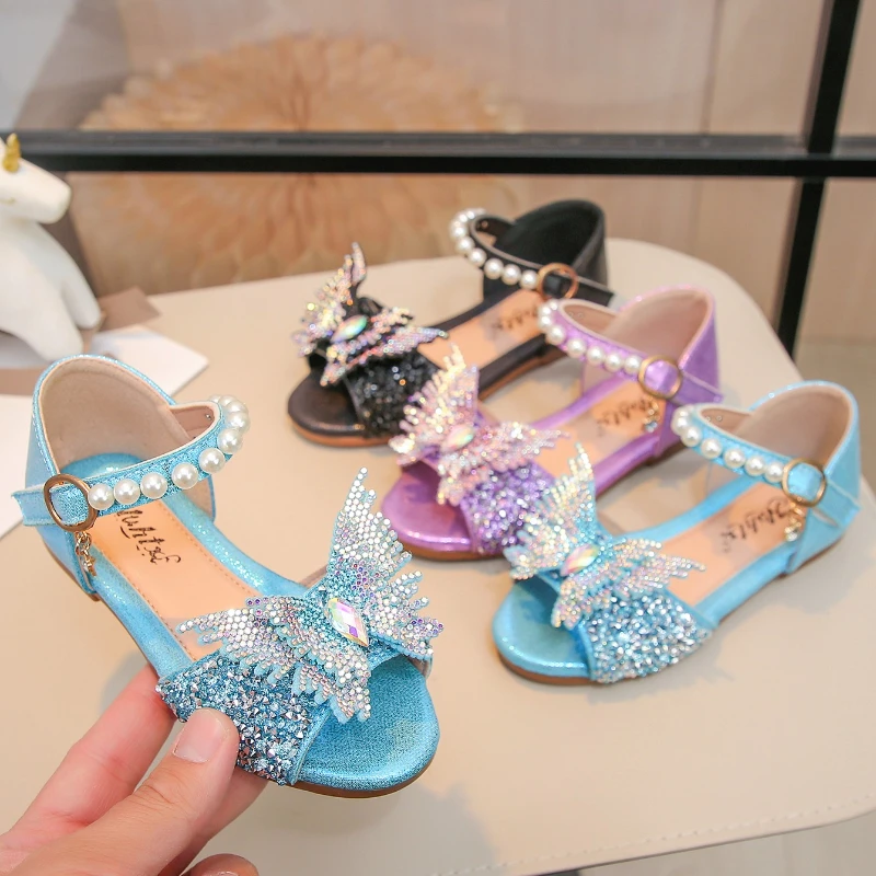 

Kids Princess Sandals Colorful Diamond Pearl Bow Student Performance Versatile Toe Soft Sole Non Slip Lightweight Children Shoes