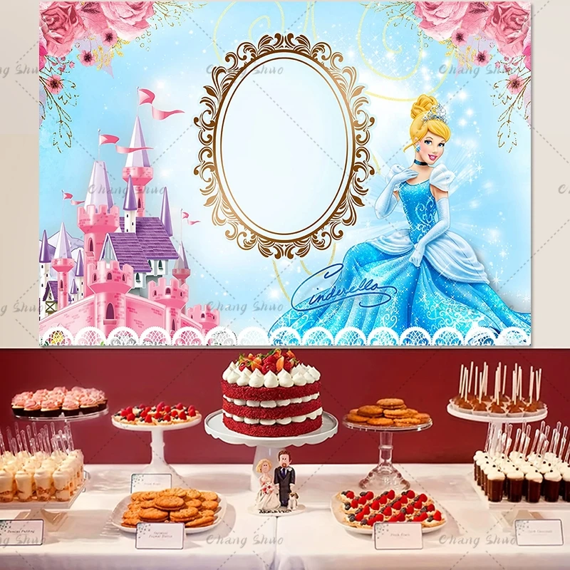 Disney Blue Dress Blonde Princess Backdrop Girls Birthday Party Decor Photo Background Cinderella Banner Baby Shower Photocall